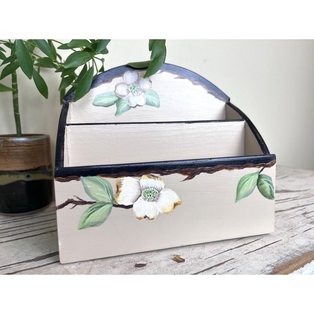 Vintage Hand Painted Floral Wood Desk Mail Organizer Cottage Home Decor 7”